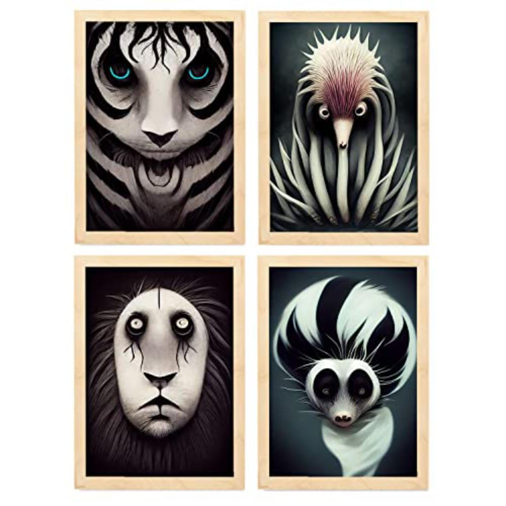 POSTER Set mit 4 Schwarz und weiß Tier im T Burton Goth Stil A4 Rahmen aus hellem Holz - Beige, Papier (29.7/3cm) - Nacnic
