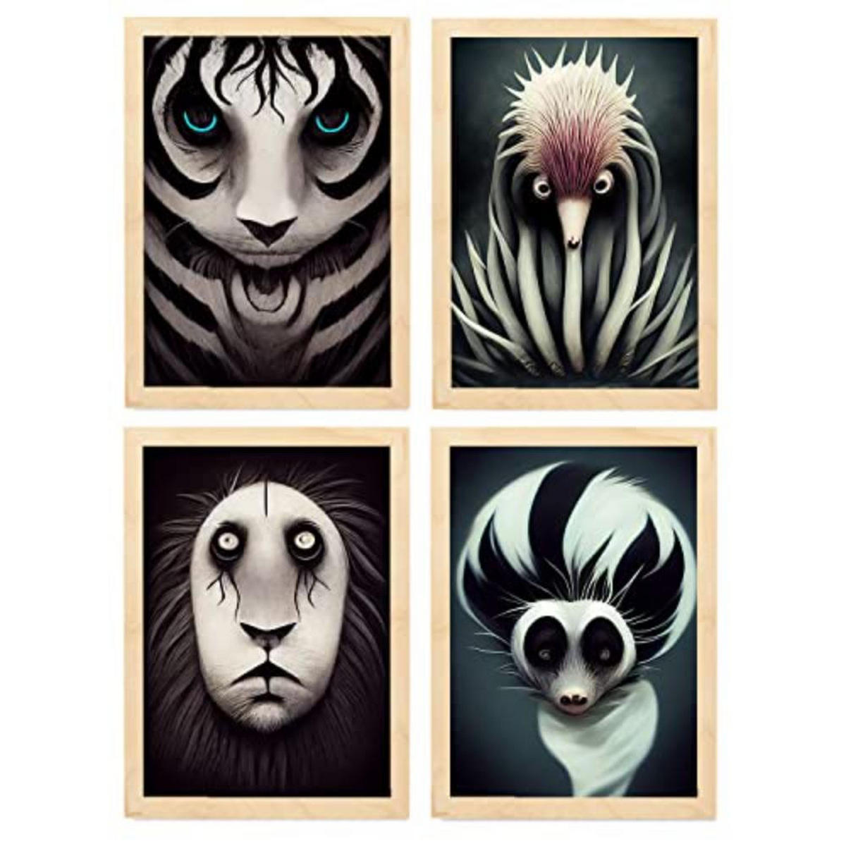 POSTER Set mit 4 Schwarz und weiß Tier im T Burton Goth Stil A4 Rahmen aus hellem Holz - Beige, Papier (29.7/3cm) - Nacnic