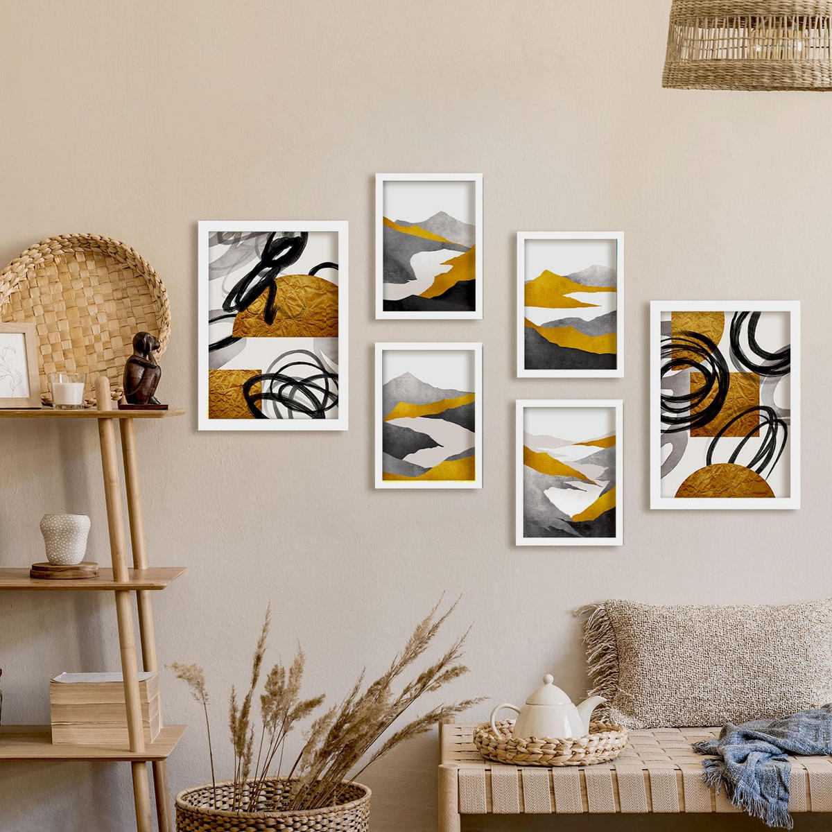 POSTER Set Mit 6 Gattung Nature 2 In Kulissen Abstracts Ästhetische Dekorative Gemälde Für Ihr Wohnzimmer, Schlafzimmer, Zuhause A3 & A4 Weißer Rahmen - Weiß, Papier (29/3cm) - Nacnic