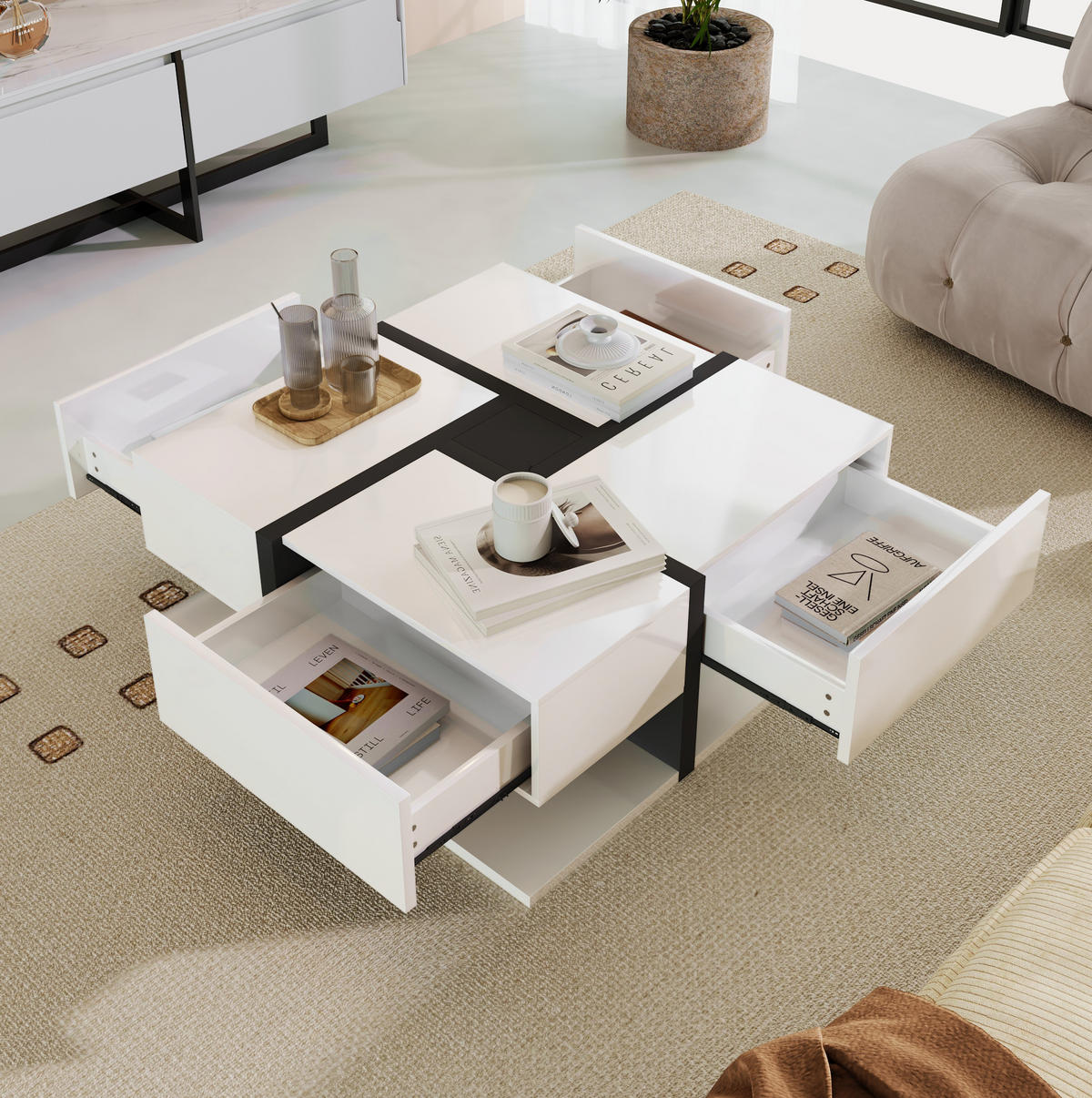 COUCHTISCH, quadratisches Design, Hochglanzoberfläche mit 4 Schubladen, 78/78/36 cm, Weiß und Schwarz - Weiß, Holzwerkstoff (78/78/36cm) - Redom