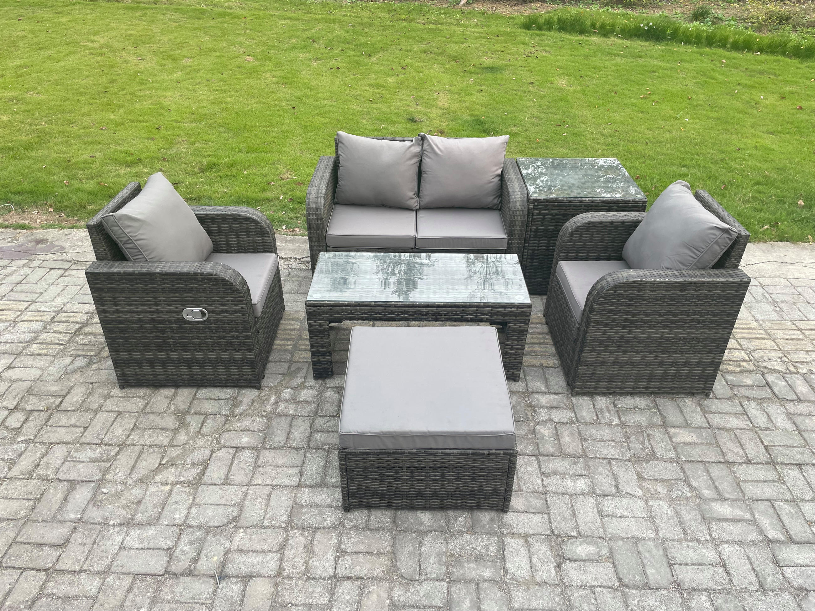GARTENSOFA SET mit COUCHTISCH Polyrattan 5-Sitzer - Dunkelgrau/Grau, Glas/Kunststoff - Fimous