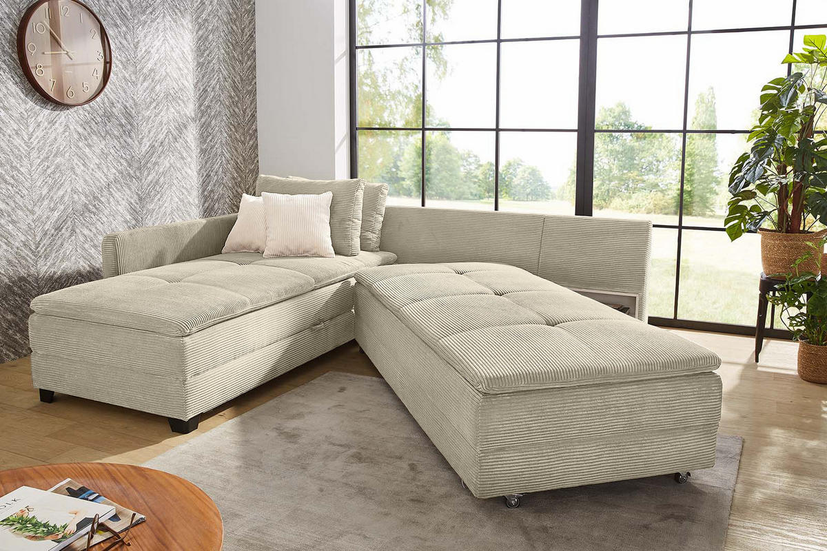 ECKSOFA-DAUERSCHLÄFER Doppelbett Boxspring Federkern Topper, seitenverkehrt montierbar B306/T223/H95 cm, Cord Beige Grau / 15161 - Greige/Beige, Kunststoff/Textil (306/223cm) - luma-home