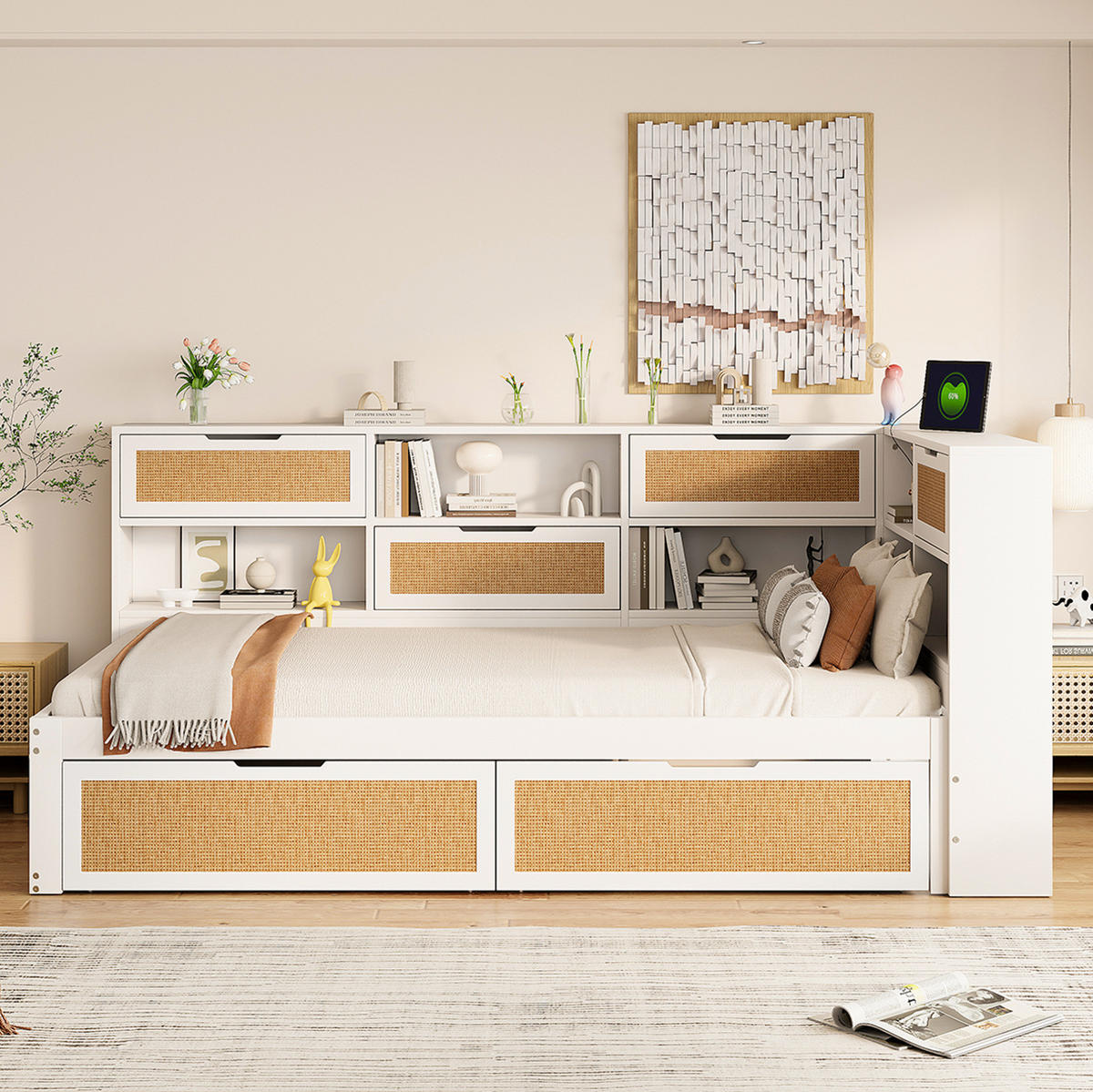 BETT aus Massivholz 90/200 cm mit Schublade und USB-Anschluss Weiß - Weiß, Holz (90/200cm) - OKWISH