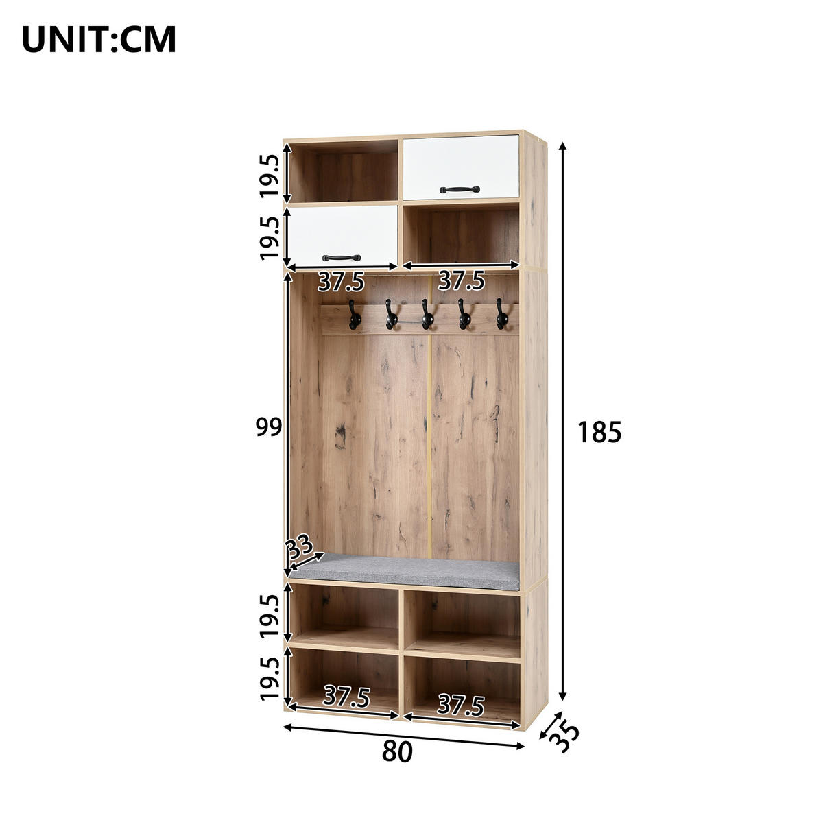GARDEROBE 80/35/185 cm weiß/naturfarben aus Spanplatte mit Sitzbank LED und Stauraum - Naturfarben, Holzwerkstoff (80/185/35cm) - OKWISH