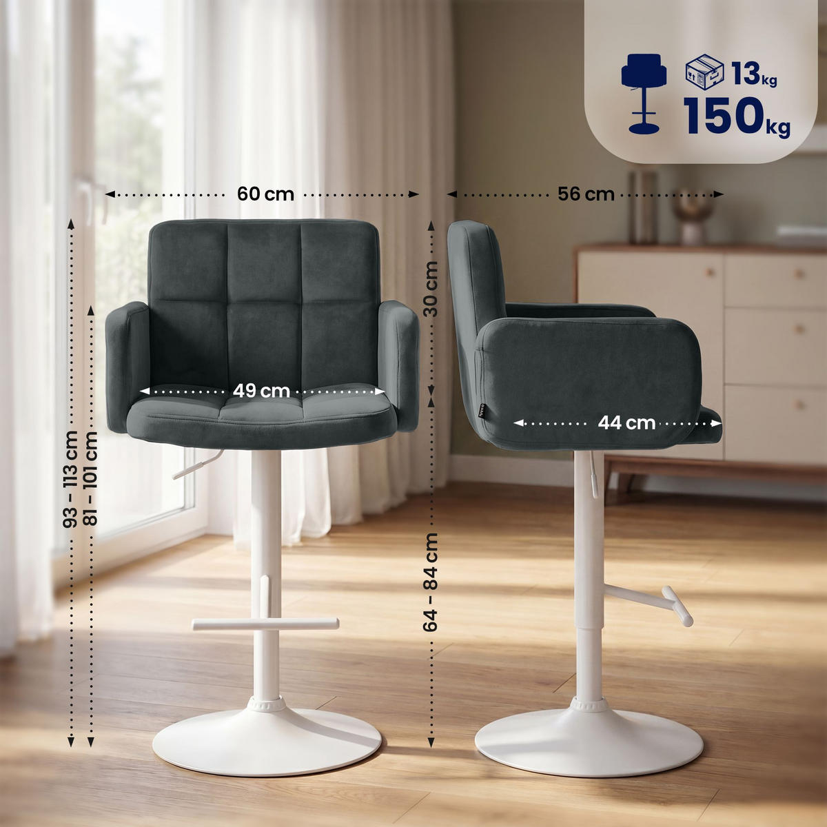 BARHOCKER 2 Samt Dunkelgrau - Dunkelgrau/Weiß, Textil/Metall (60/93/56cm) - CLP