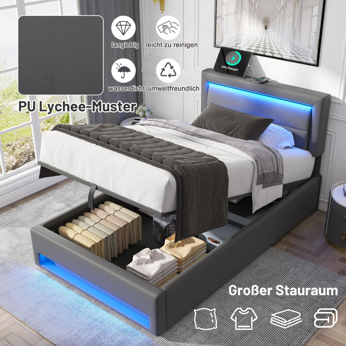 POLSTERBETT 90x190cm Grau PU Mit USB LED & Stauraum - Grau, Leder (90/190cm) - FLIEKS