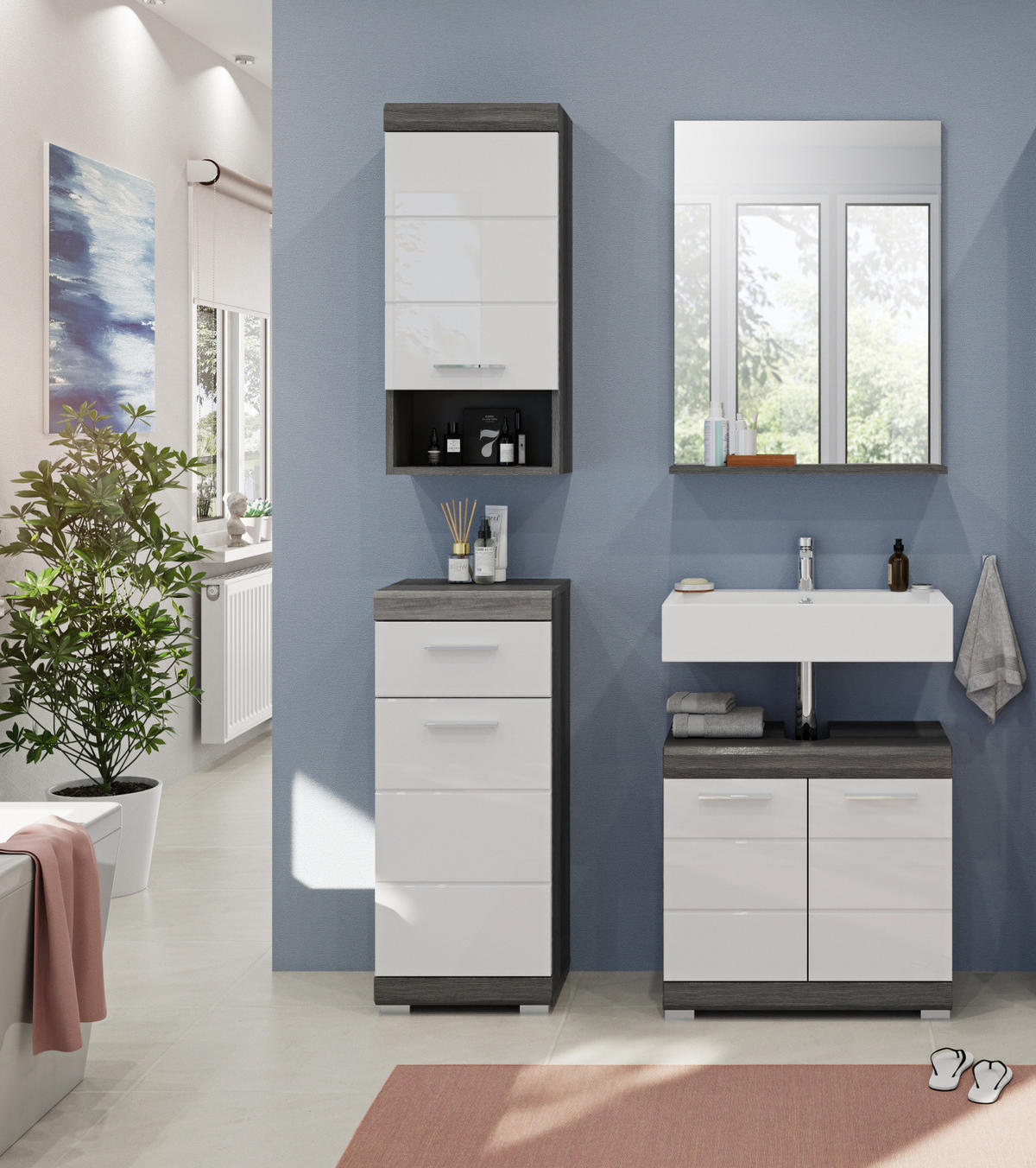 BADMÖBEL-SET weiß Hochglanz, grau 4-teilig 112 cm, Komplettset mit 7 Fächern - Weiß Hochglanz/Grau, Holzwerkstoff (112/191/34cm) - Inn.Furn