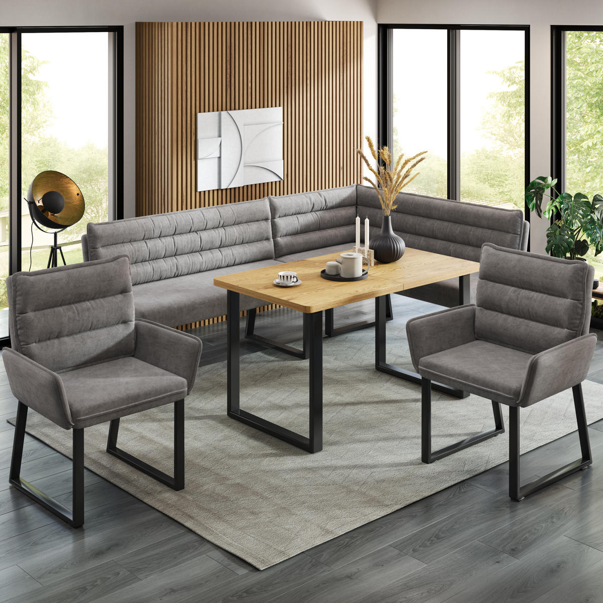 ECKBANKGRUPPE Grau Holz Chenille Tisch 2 Stühle Eckbank - Grau, Holzwerkstoff - FLIEKS