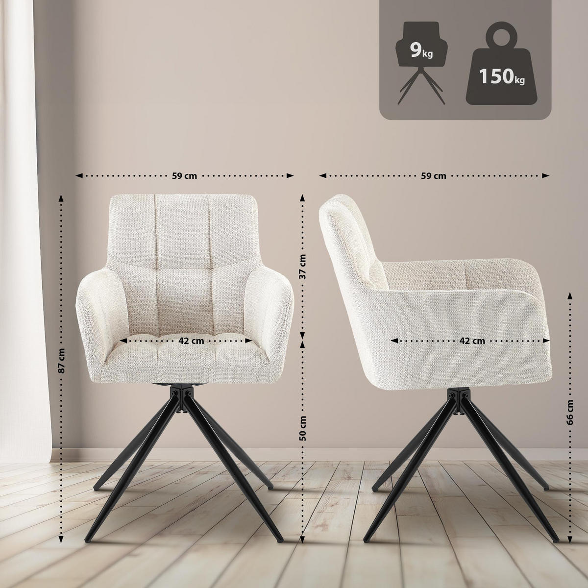 ARMLEHNENSTUHL 2er Set Stoff Creme - Creme/Schwarz, Textil/Metall (59/87/59cm) - CLP