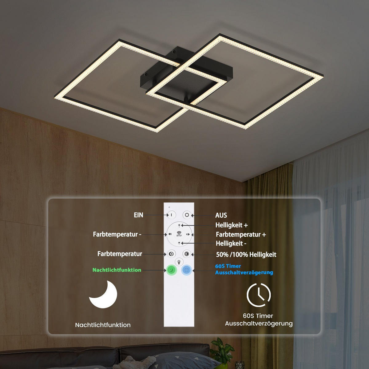 LED-DECKENLEUCHTE Friedhelm 54/54/7.5 cm - Schwarz, Metall (54/54/7.5cm) - Nettlife