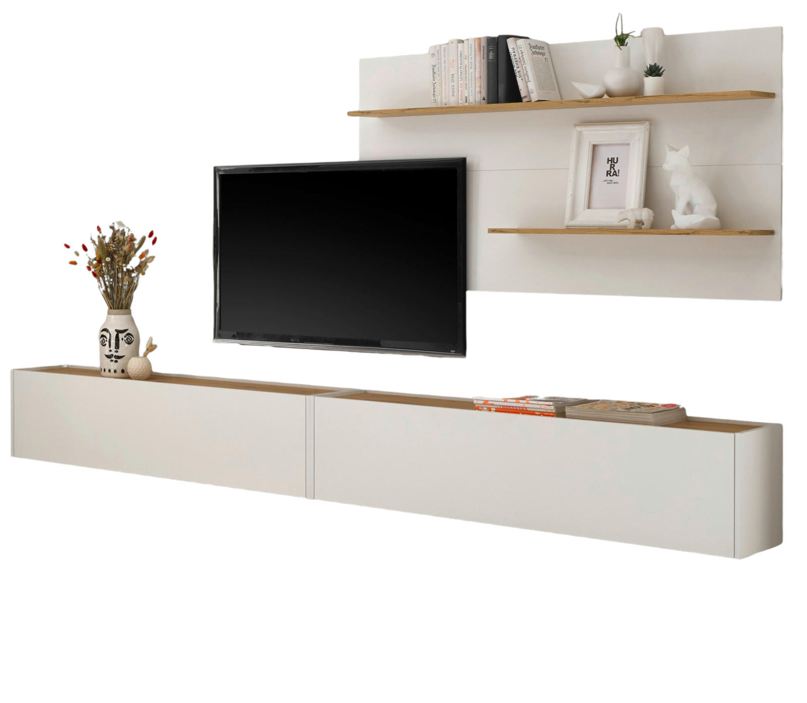 WOHNWAND 3-teilig Center in weiß und Eiche Wotan 300 cm - Eiche Wotan/Weiß, Holz/Holzwerkstoff (300/180/30cm) - Furn.Design