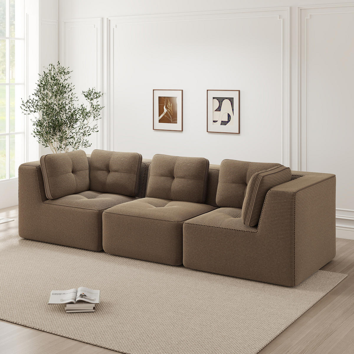 SOFA 297/104/69 cm in Braun aus Cord mit tiefer Sitzfläche - Braun, Textil (104/69/297cm) - Flora Grace