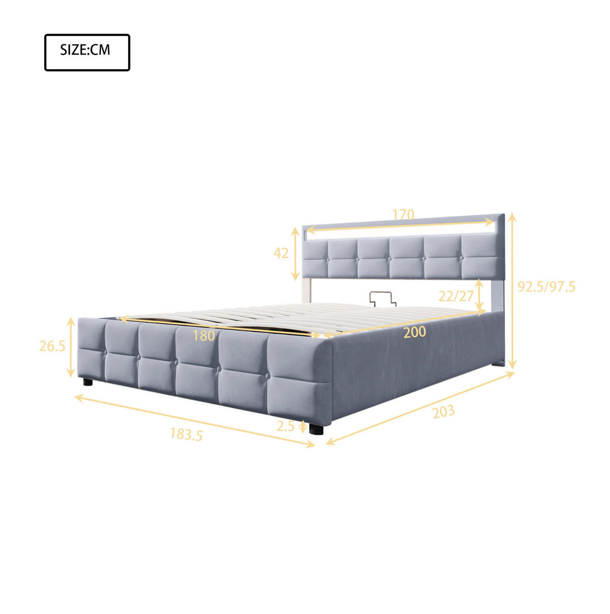 POLSTERBETT mit LED und Stauraum 180x200 cm Samt Grau - Grau, Metall (180/200cm) - Meubliv