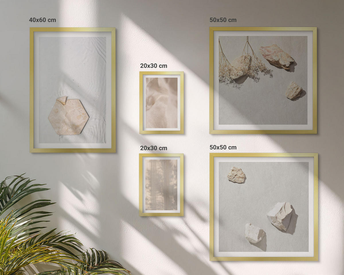 WANDBILDER 5er Set - 50x50 cm & 20x30 cm & 40x60 cm Goldrahmen - Dezente Boho-Naturtexturen - Goldfarben, Kunststoff (40/60cm) - ArtPrintCave