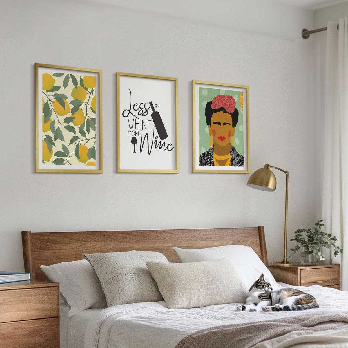 WANDBILDER 3er Set - 40x60 cm Goldrahmen - Zitronenweinporträt von Frida - Goldfarben, Kunststoff (40/60cm) - ArtPrintCave