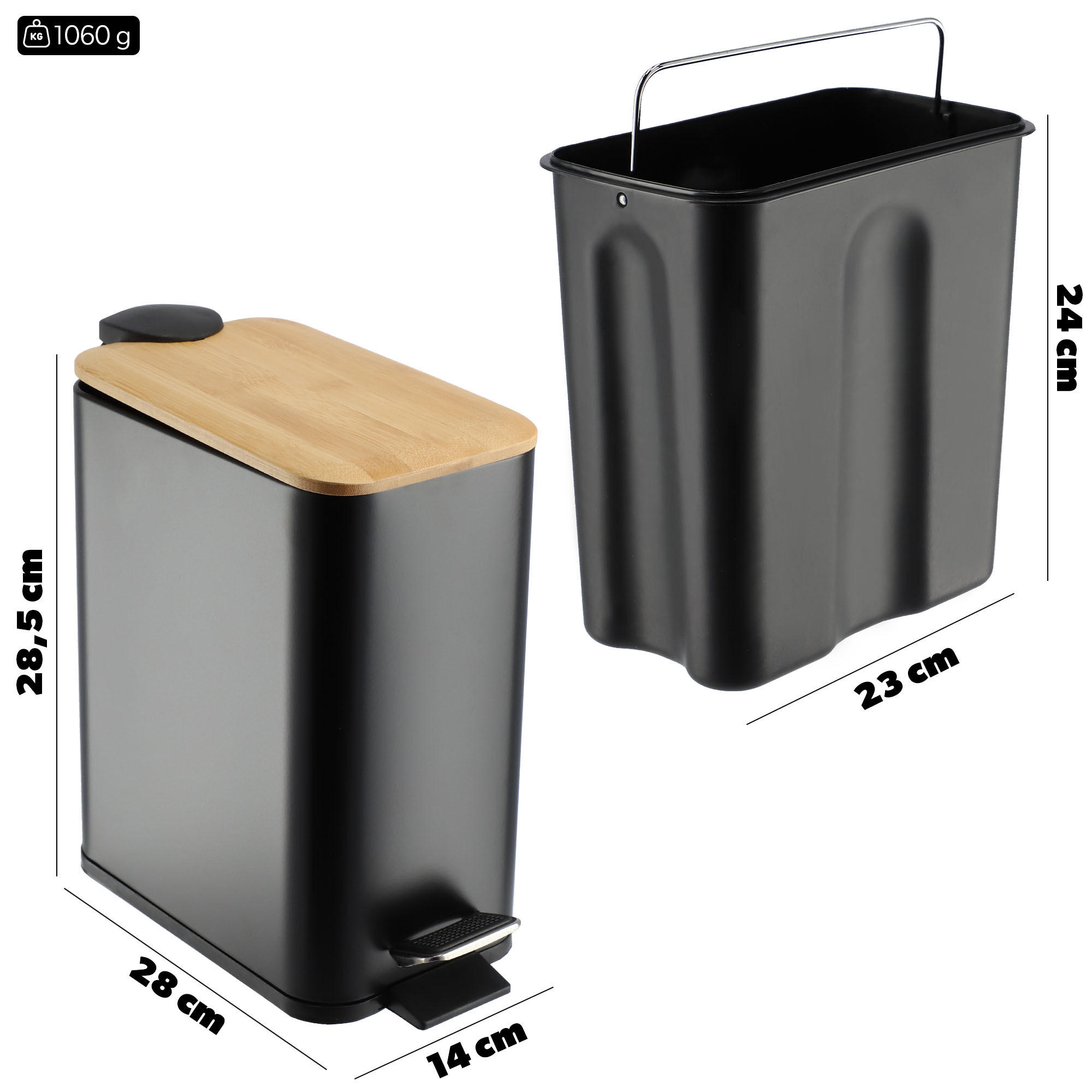 ABFALLBEHÄLTER mit Bambusabdeckung, 5L, schwarz - Schwarz, Metall (14/28cm) - KADAX