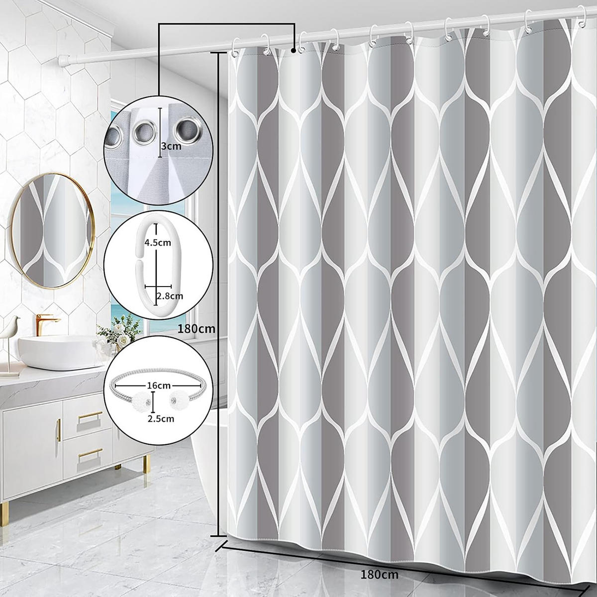 DUSCHVORHANG Grau 260 x 200 cm Polyester waschbar antibakteriell schimmelresistent wasserdicht mit Ringen - Grau, Textil (260/200cm) - MCBOSON