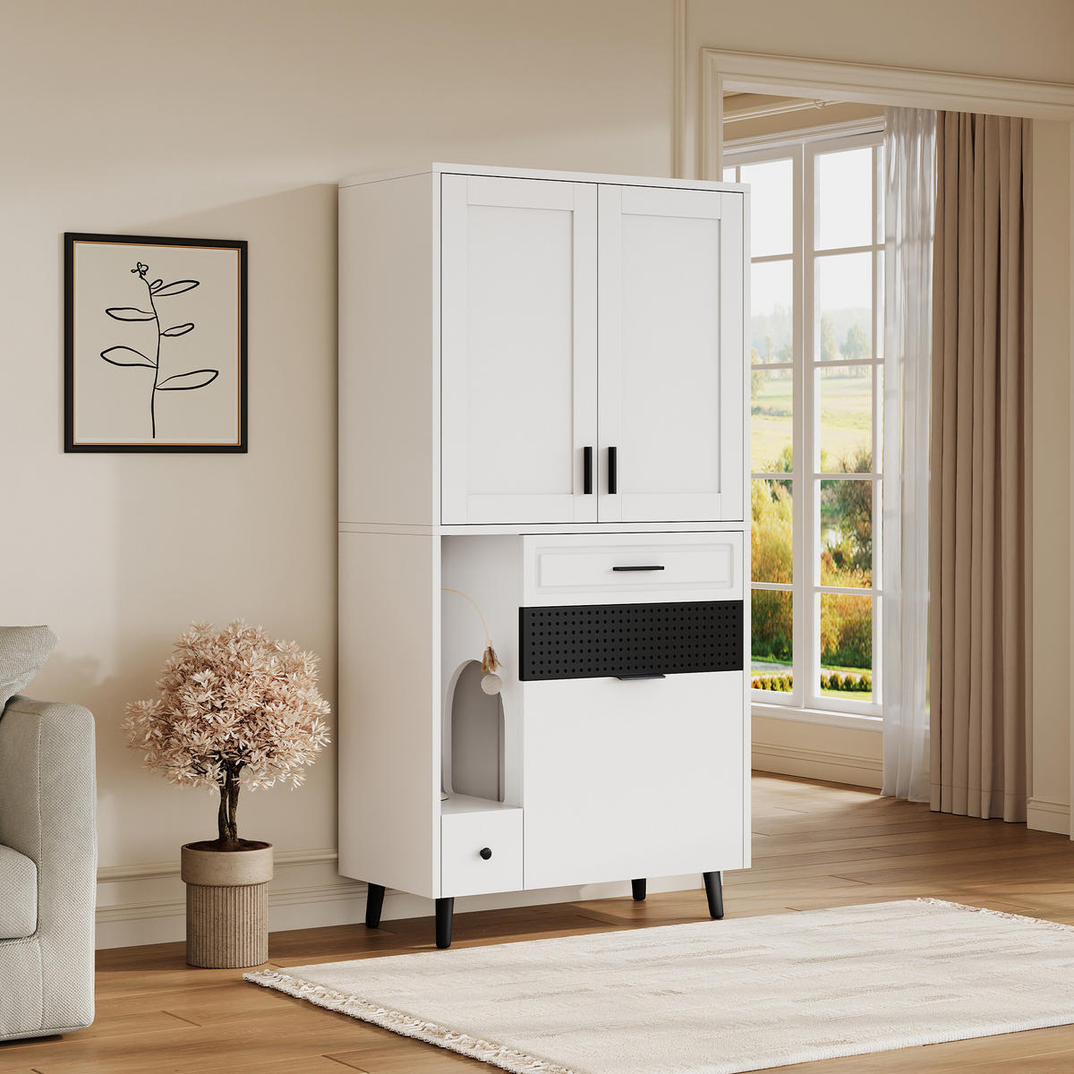 BUFFET Katzenmöbel Schrank MDF Katzenhaus Multifunktion Spielbereich verstellbare Böden Stauraum - Schwarz/Weiß, Holzwerkstoff/Metall (80/161/40cm) - EVRYAE
