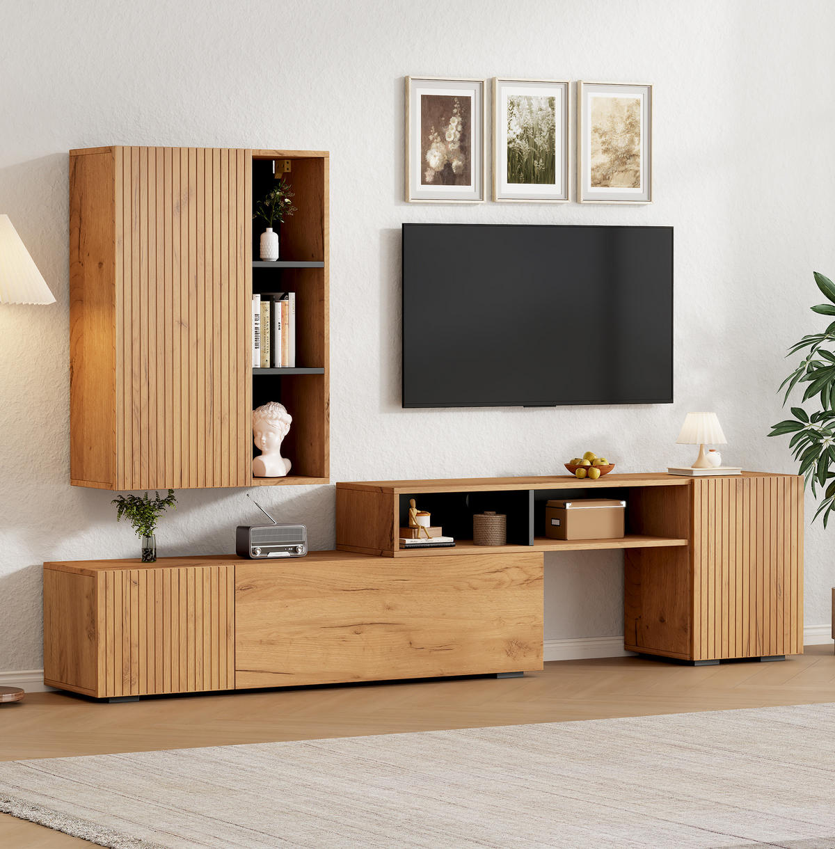 WOHNWAND 174-265/35/53,5 cm aus Spanplatte mit längenverstellbarem TV-Element Eichefarben/Schwarz - Eichefarben, Holzwerkstoff (135/53.5/35cm) - Modenvie