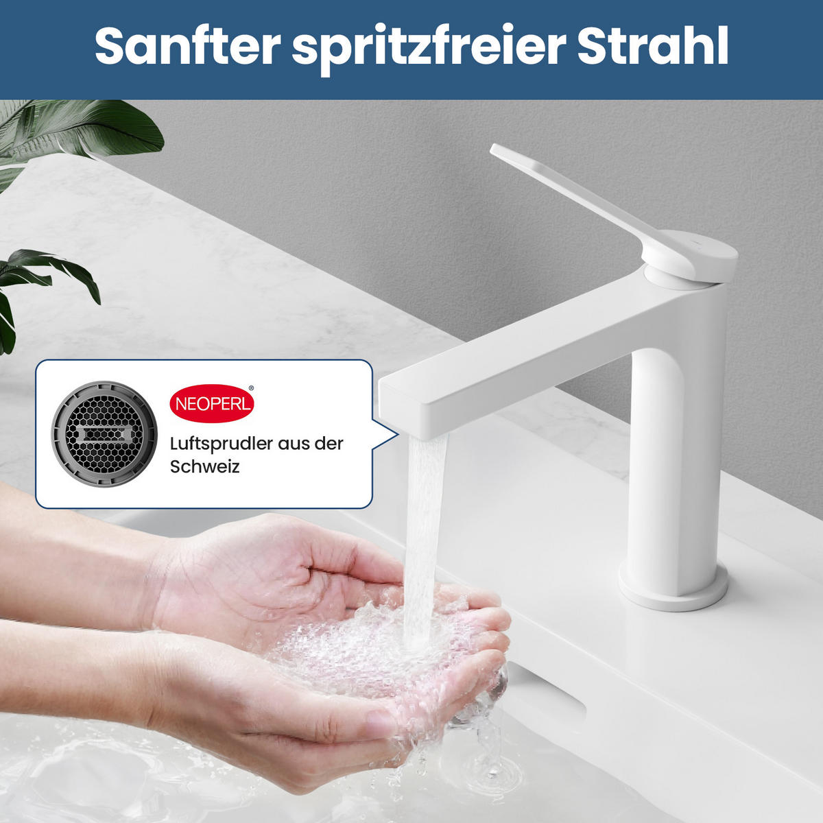 WASCHTISCHARMATUR mit Spulen-Zertifiziertem Filterelement Weiß Matt - Weiß, Metall (17.3/4.6/19.5cm) - EMKE