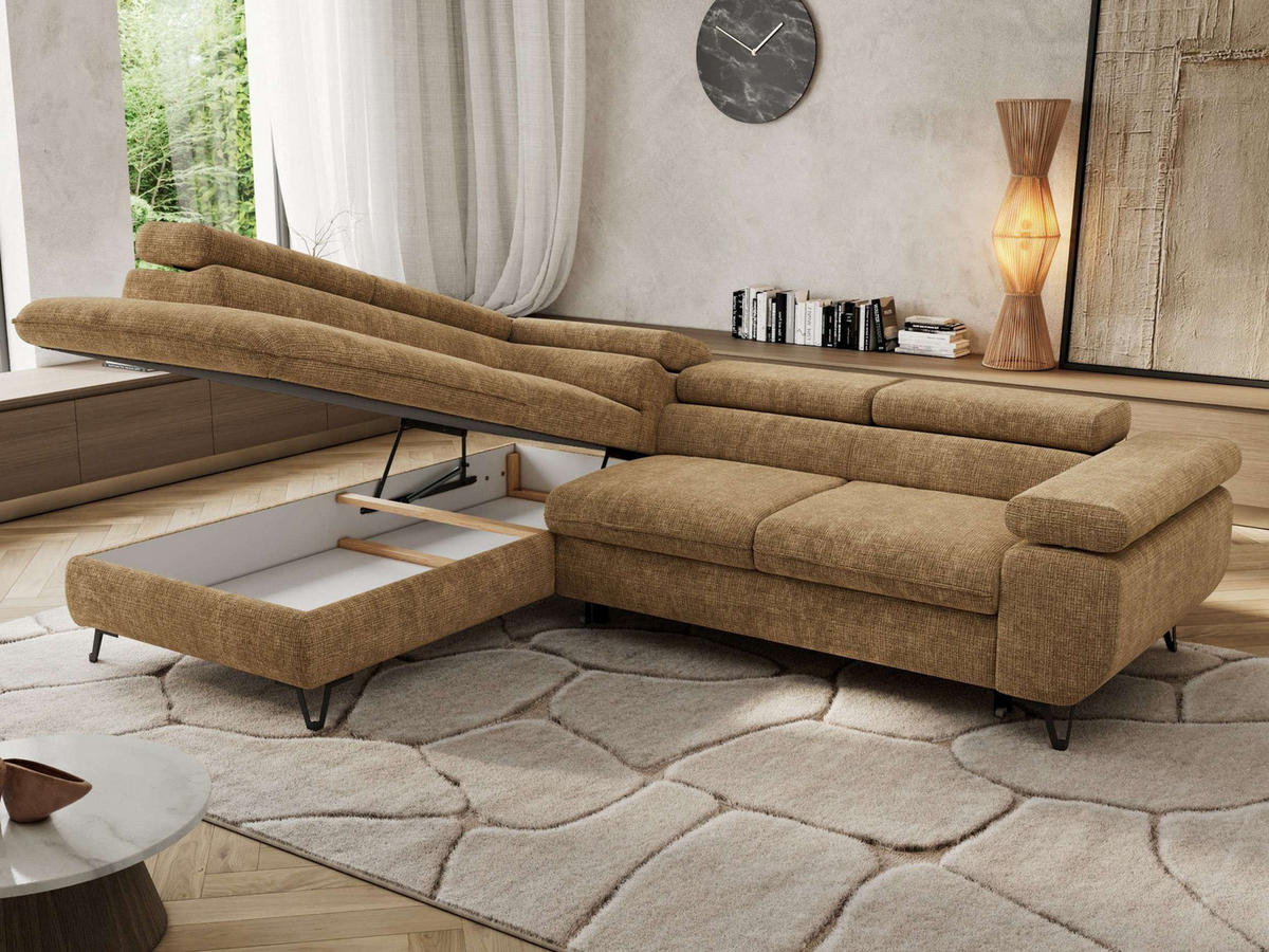 ECKSOFA PABLO L Hellbraun Schenille grob gewebt - Links Seite mit Visco Topper - Hellbraun/Schwarz, Textil/Metall (208/273cm) - MKS