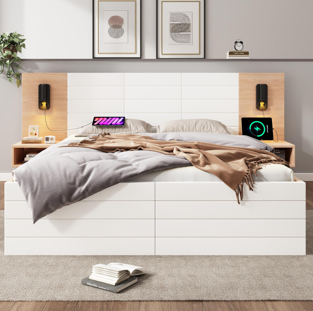 DOPPELBETT 140/200 cm Eiche und Weiß mit Leselicht und USB-Anschluss - Weiß, Holzwerkstoff (140/200cm) - OKWISH