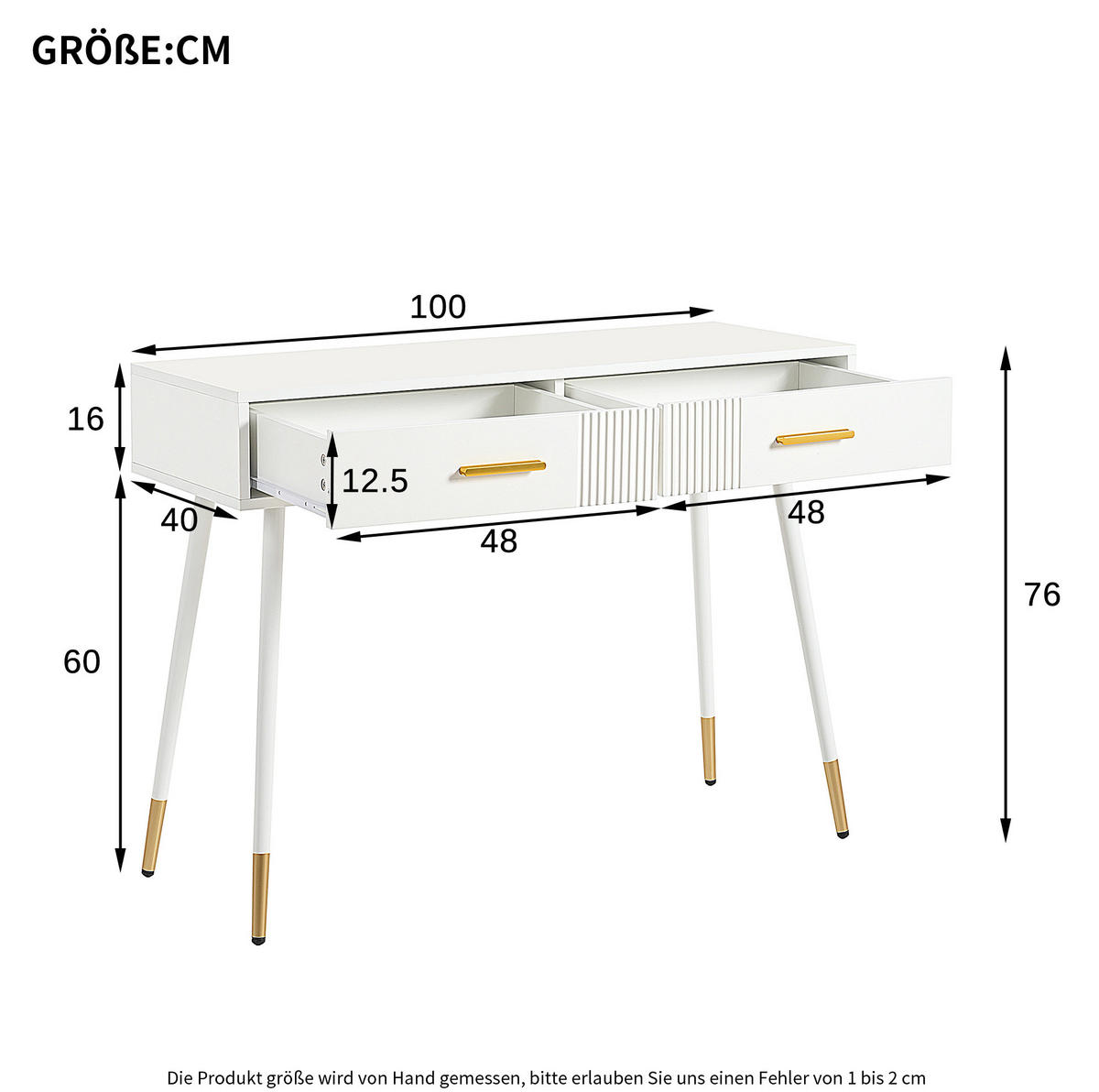 SCHMINKTISCH 100/40/76 cm Weiß mit 2 Schubladen und Metallfüßen - Weiß, Holzwerkstoff (100/40/76cm) - OKWISH