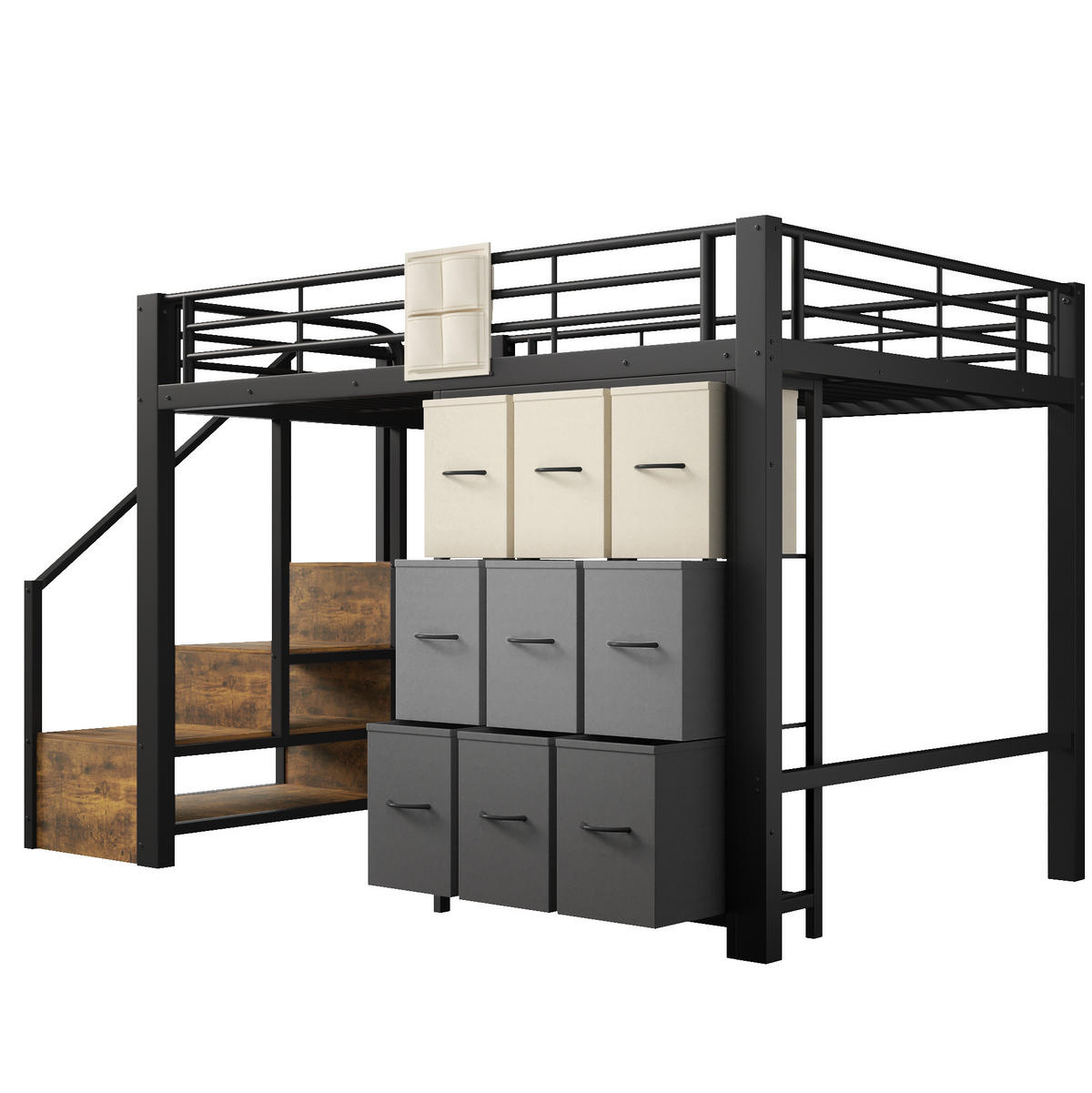 HOCHBETT 140/200 cm mit Schubladen, Kleiderstange, Stauraumtreppe und Geländer, aus Metall und MDF, Schwarz/Weiß - Schwarz, Holzwerkstoff (140/200cm) - Redom