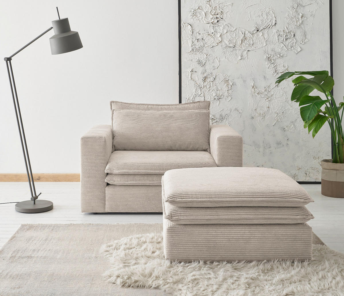 LOVESEAT Set beige Cord, Loungesessel inklusive Hocker - Beige, Holz/Kunststoff (176/83/125cm) - Furn.Design