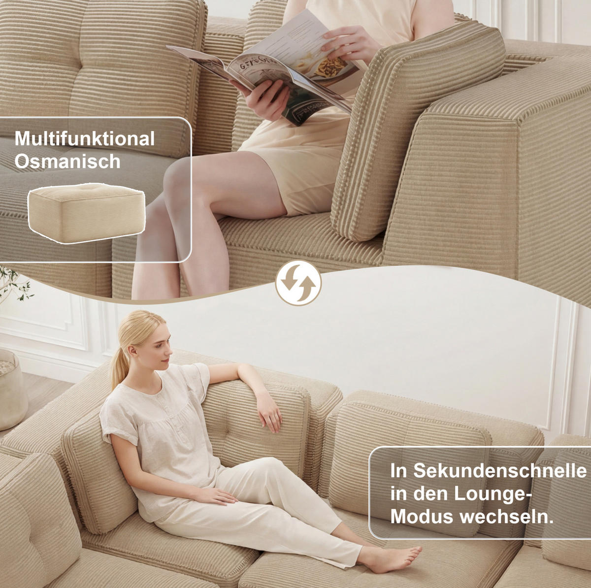 ECKSOFA 297/104/69 cm Beige aus Cord mit tiefer Sitzfläche und modularem Design - Beige, Textil (104/297cm) - OKWISH