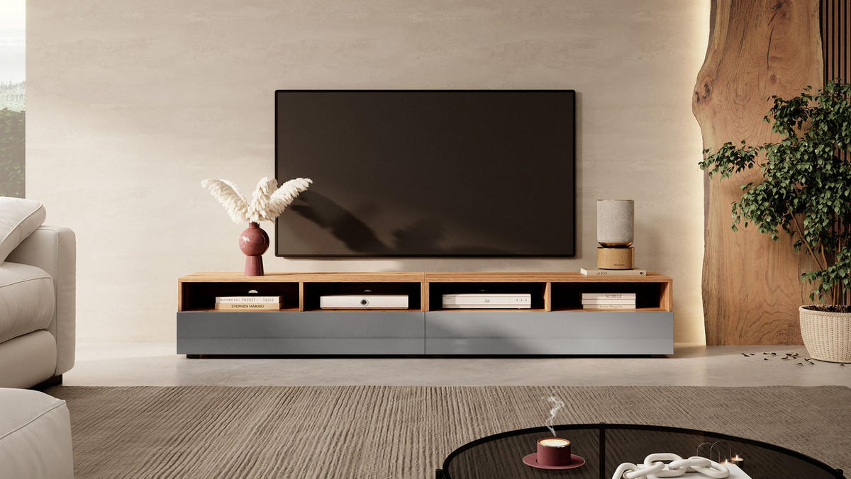 TV-LOWBOARD Rednaw Eiche/Grau Hochglanz 200 cm - Eiche Wotan/Grau, Holzwerkstoff (200/30/31cm) - Selsey
