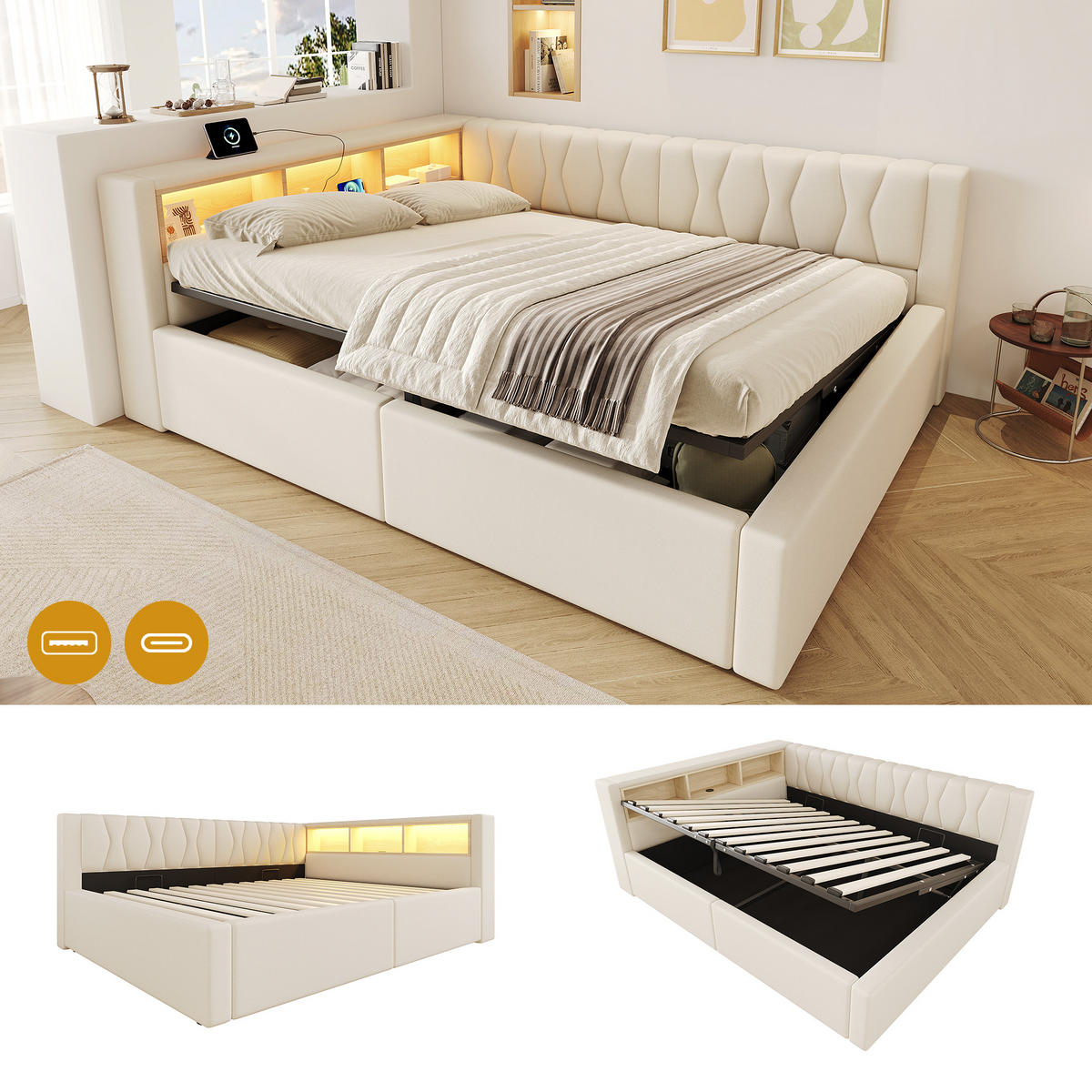 TAGESBETT 140x200cm Schlafsofa Hydraulik LED USB Beige - Beige, Naturmaterialien (140/200cm) - FLIEKS
