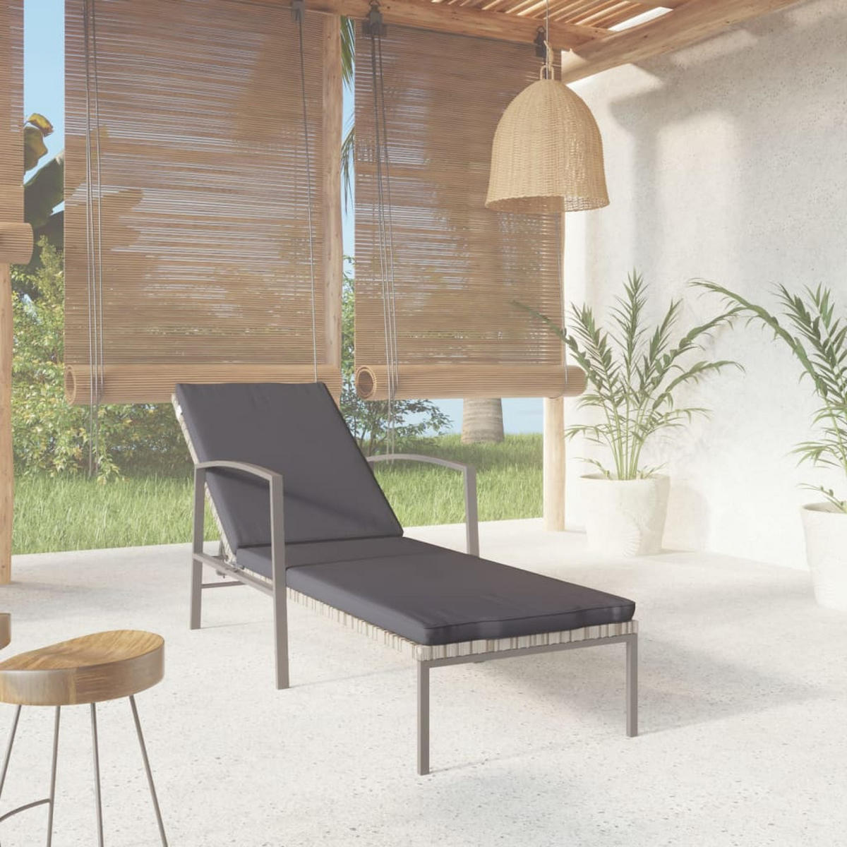 SONNENLIEGE mit Auflage Poly Rattan Grau - Braun, Holz (60/95/195cm) - furnicato