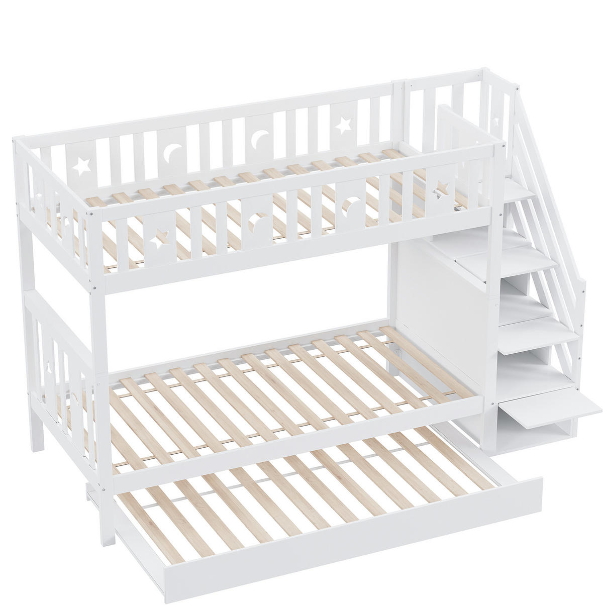 KINDER-ETAGENBETT aus MDF und Kiefernholz 90x200 cm Weiß mit Ausziehbett und Stauraumtreppe - Weiß, Holzwerkstoff (90/200cm) - IVMEU