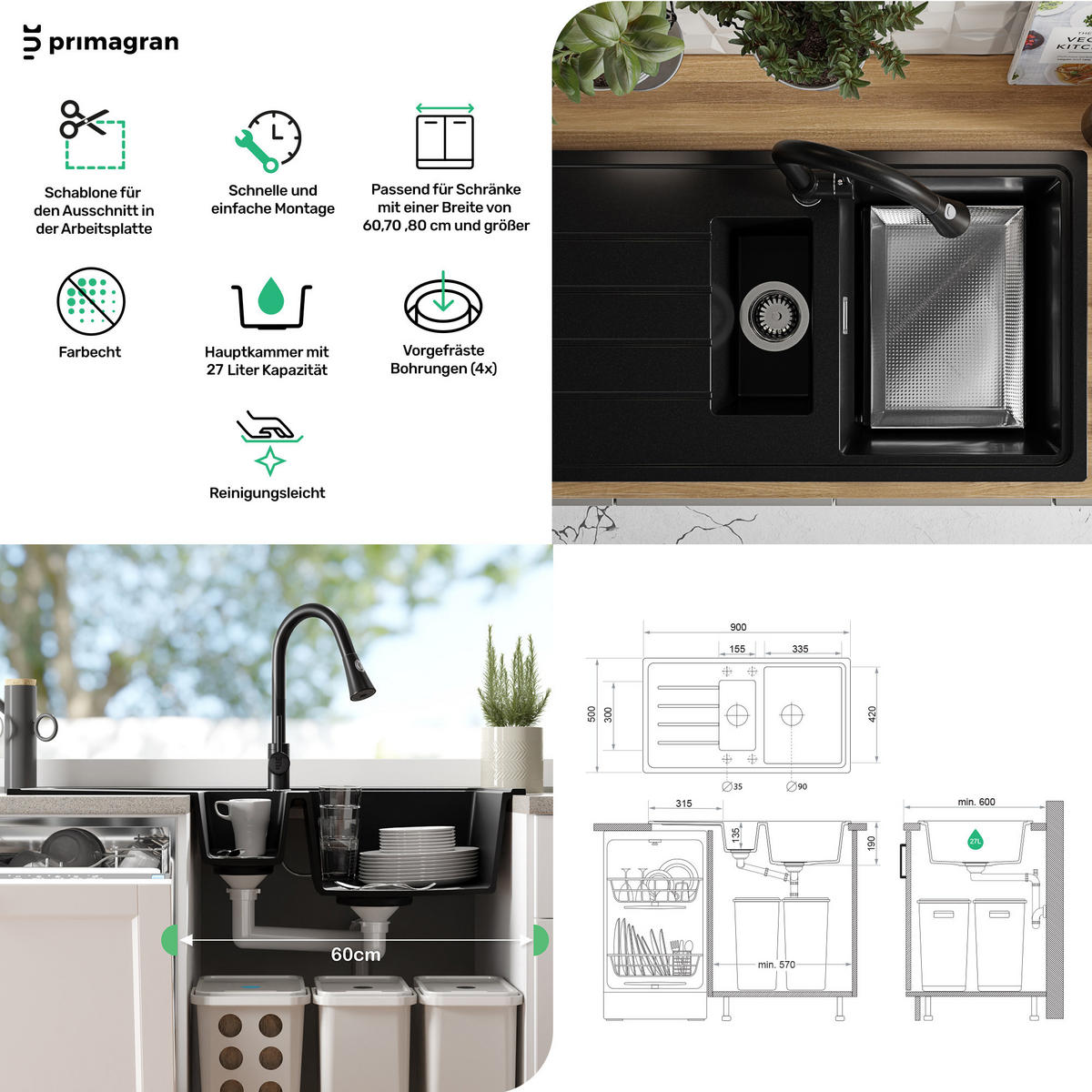 GRANITSPÜLE Kopenhagen Duo, 2-er set Alles Weiß 90/50 cm 1,5 Becken + Küchenarmatur 40/20 cm + Ablauf-Set ab 60er Unterschrank - Weiß, Kunststoff (90/19/50cm) - Primagran