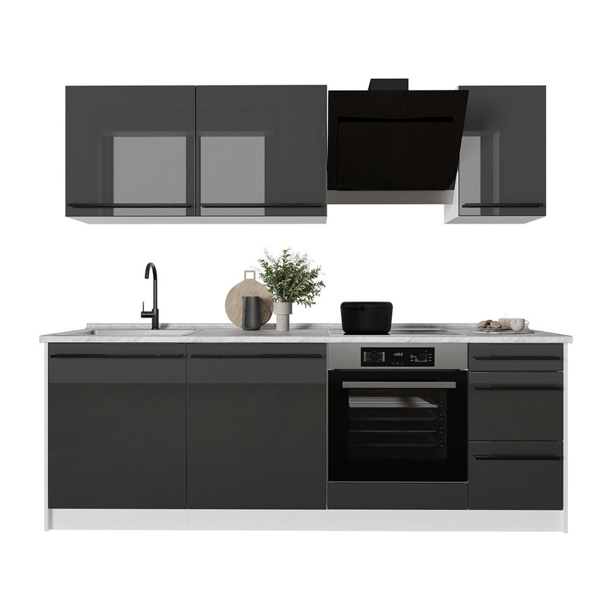 KÜCHENZEILE R-Line, Anthrazit Hochglanz/Weiß, 220 cm Arbeitsplatte Goldkraft Eiche - Schwarz Hochglanz/Weiß, Holzwerkstoff (220/81.6/60cm) - Vicco