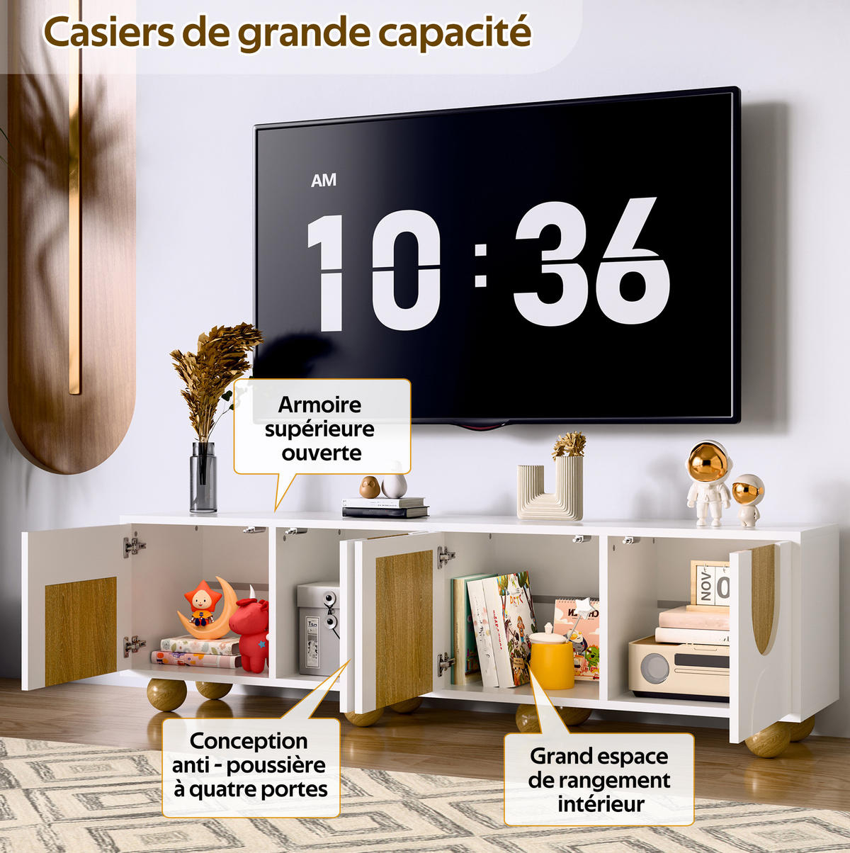TV-SCHRANK in Natur/Weiß mit 4 Türen und Holzbeinen 175/38/50 cm - Weiß, Holzwerkstoff (175/50/38cm) - Redom