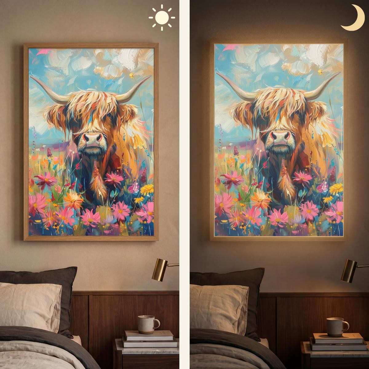 NÁSTĚNNÁ LAMPA S AKUMULÁTOREM Skotský horal - Příroda - Barevné - Květiny 60x90 cm - různobarevná, kompozitní dřevo (60/90/8cm) - OnlyWow
