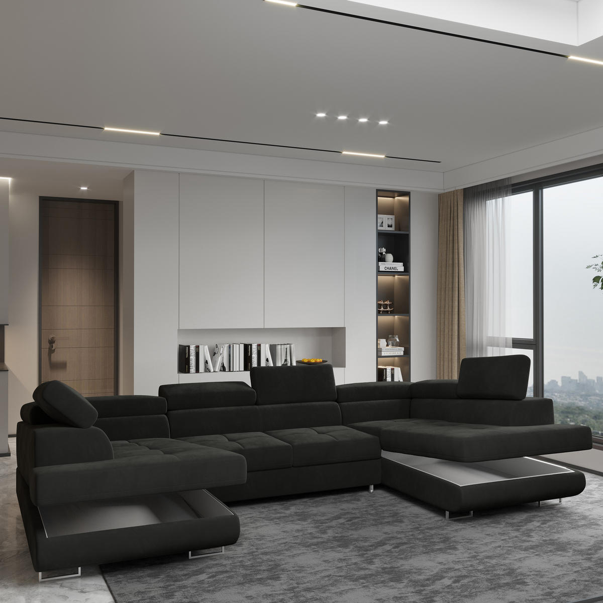 WOHNLANDSCHAFT RAGGIO Schwarz Velours-Stoff mit Schlaffunktion - Schwarz, Holz (336/90/202cm) - MASSENO