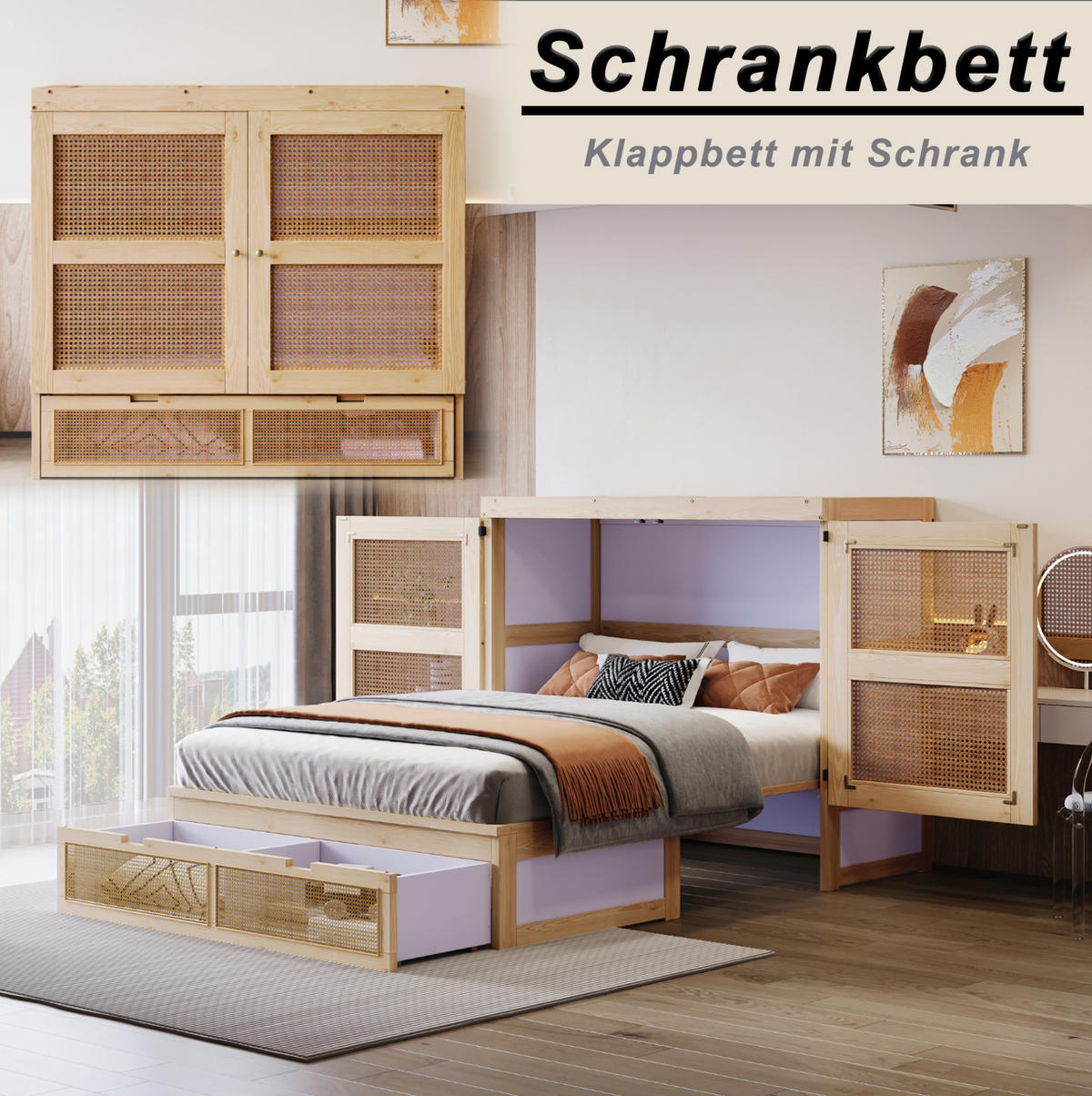 KLAPPBETT 140/200 cm in Holzfarbe mit Rattan-Design und Schubladen - Naturfarben, Holzwerkstoff (140/200cm) - Flora Grace