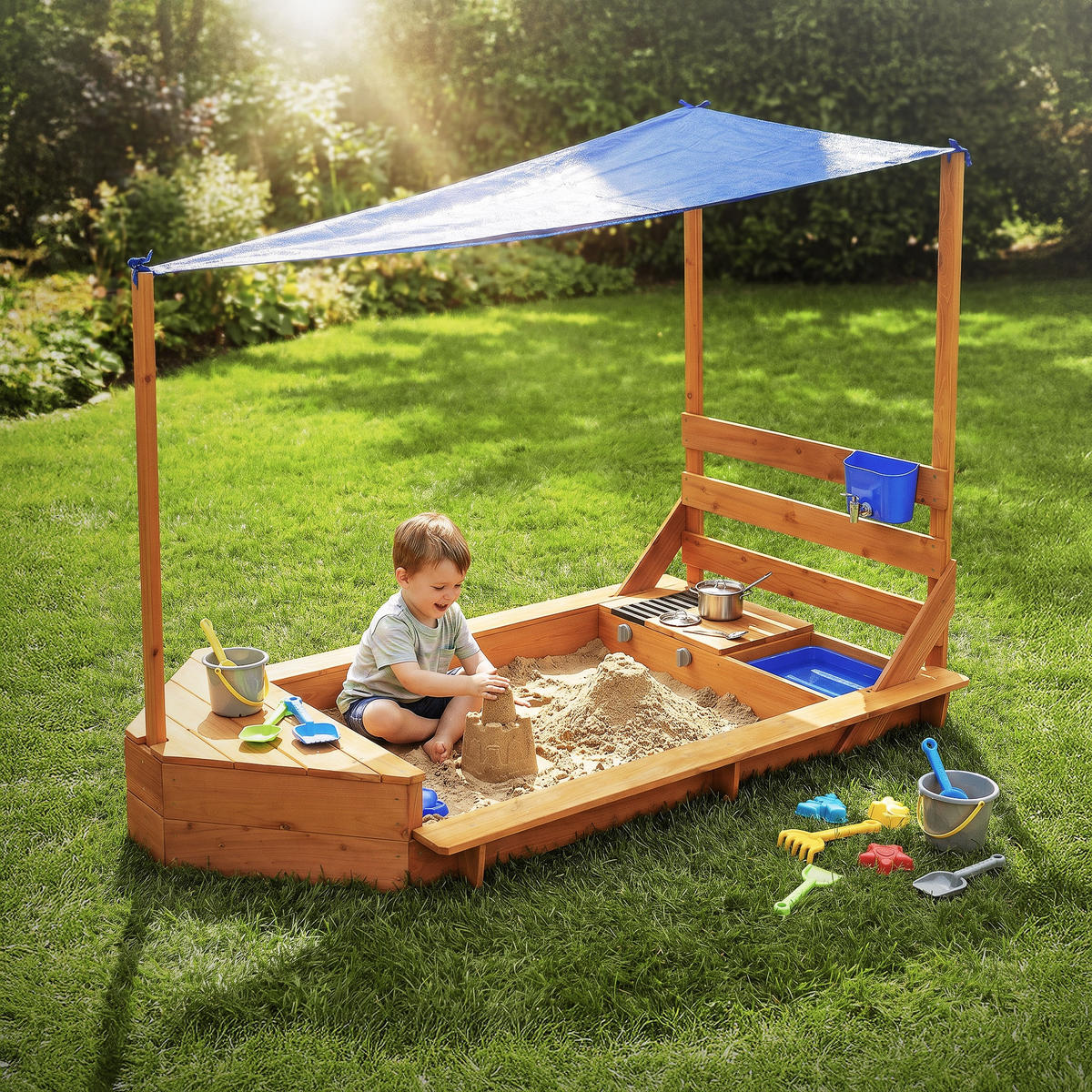 SANDKASTEN mit Dach und Matschküche aus Massivholz 101x163 cm - Braun, Holz (101/163/120.5cm) - ML-DESIGN