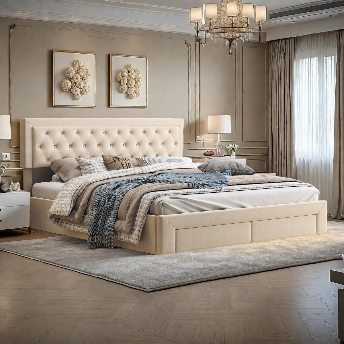 POLSTERBETT 160x200 cm Stauraum 2 Schubladen Lattenrost Samt beige - Beige, Holz (160/200cm) - LEBENLANG