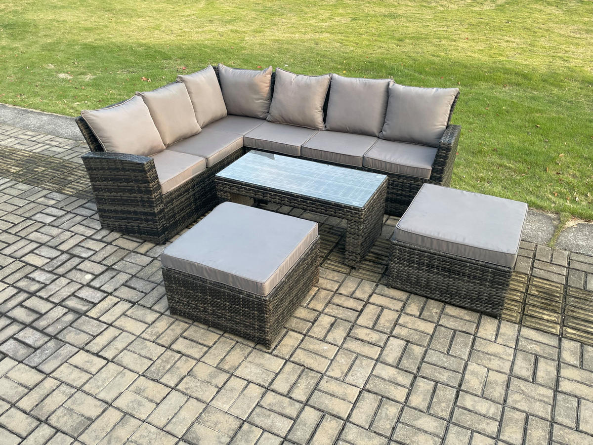 GARTENLOUNGE mit Ecksofa Polyrattan Dunkelgrau 8-Sitzer - Dunkelgrau/Grau, Glas/Kunststoff - Fimous