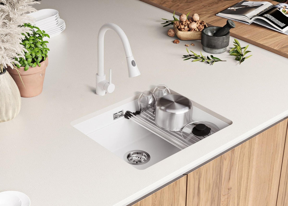UNTERBAUSPÜLE GRANIT Praga, 2-er set Weiß 56/47 cm 1 Becken + Ablauf-Set + Aufrollbare Abtropffläche ab 60er Unterschrank - Chromfarben/Weiß, Kunststoff (56/20/47cm) - Primagran