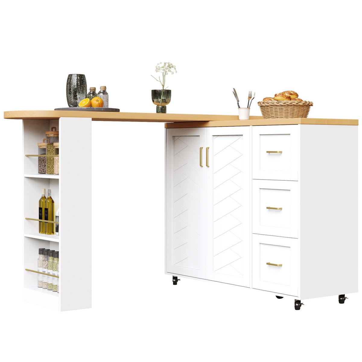 KÜCHENINSEL aus MDF 135-228x39x104 cm Weiß mit 2 Türen, 3 Schubladen, Rollen und ausziehbarer Arbeitsplatte - Weiß, Holzwerkstoff (39/104/135cm) - Modfu
