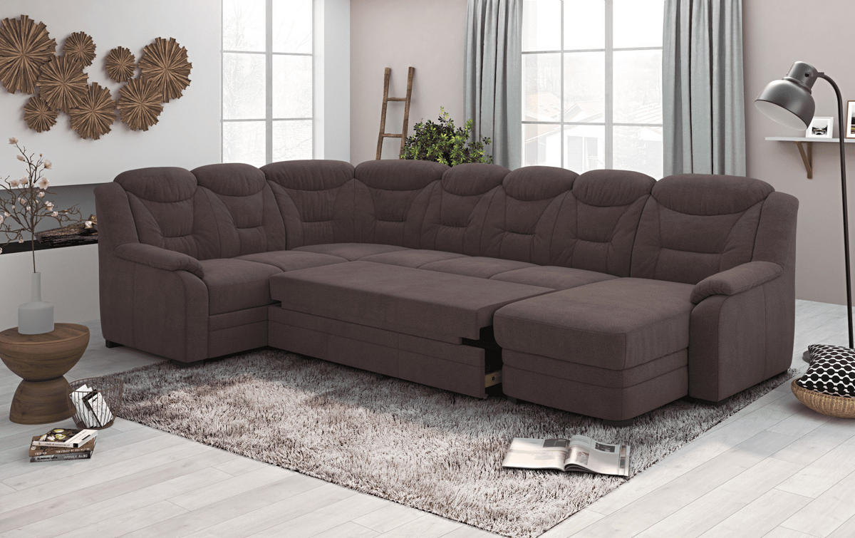 WOHNLANDSCHAFT mit Schlaffunktion und Bettkasten – weiches Chenille-Gewebe - Dunkelbraun/Schwarz, Holz/Kunststoff (330/99/211cm) - Cotta