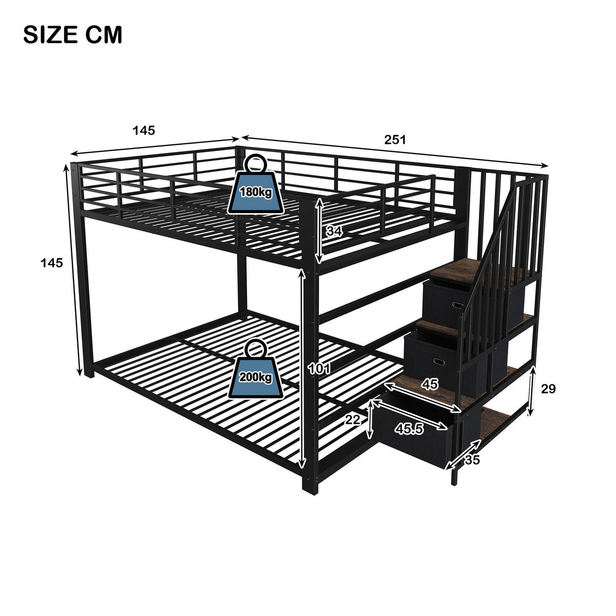 ETAGENBETT 140/200 cm mit Treppe, LED und Steckdose, DE-41957, in Schwarz - Schwarz, Metall (140/200cm) - ComfortXL