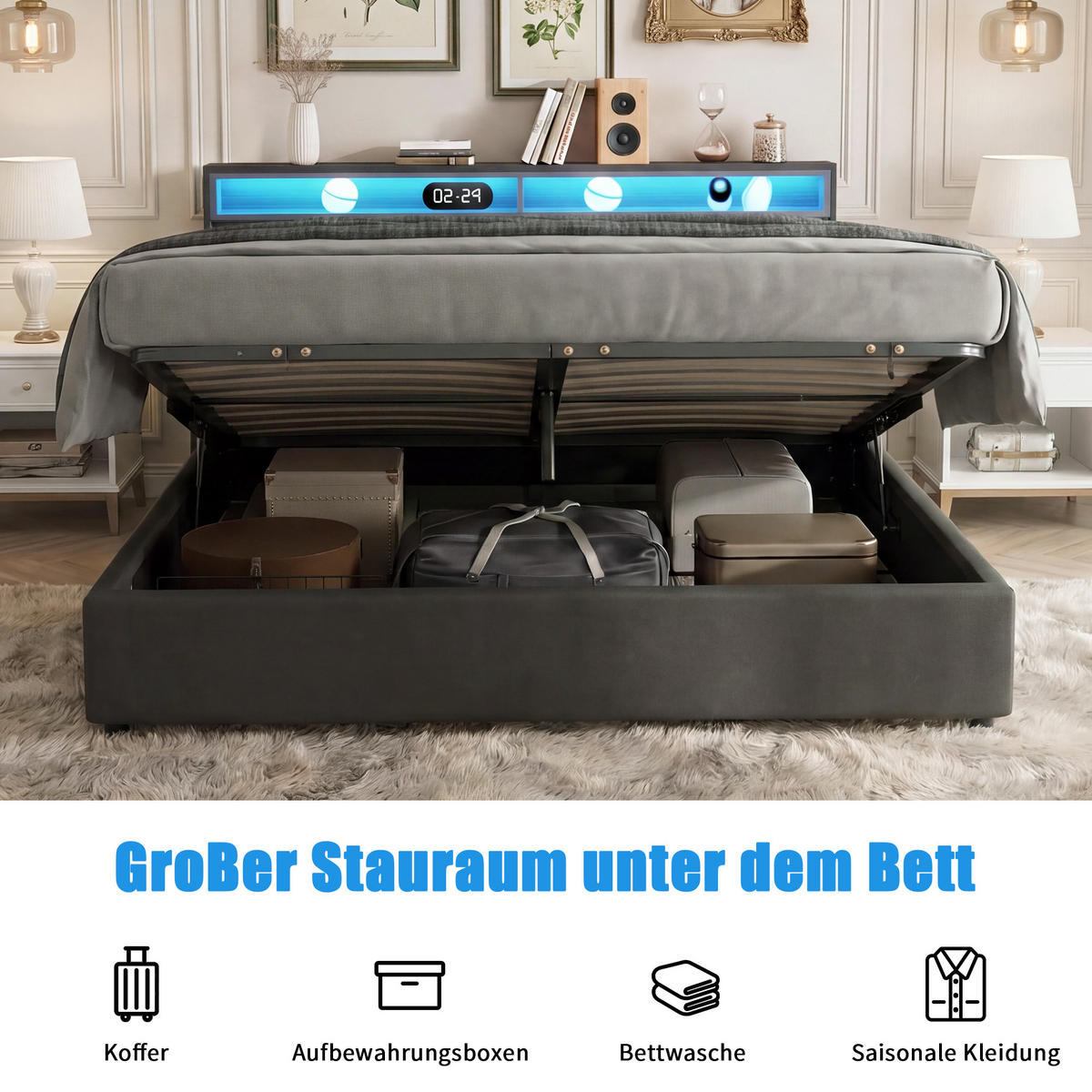 STAURAUMBETT 180x200 cm, Kopfteil mit Stauraum, LED-Beleuchtung, Leinenstoff, in Grau - Grau, Holz (180/200cm) - BRILVERDE