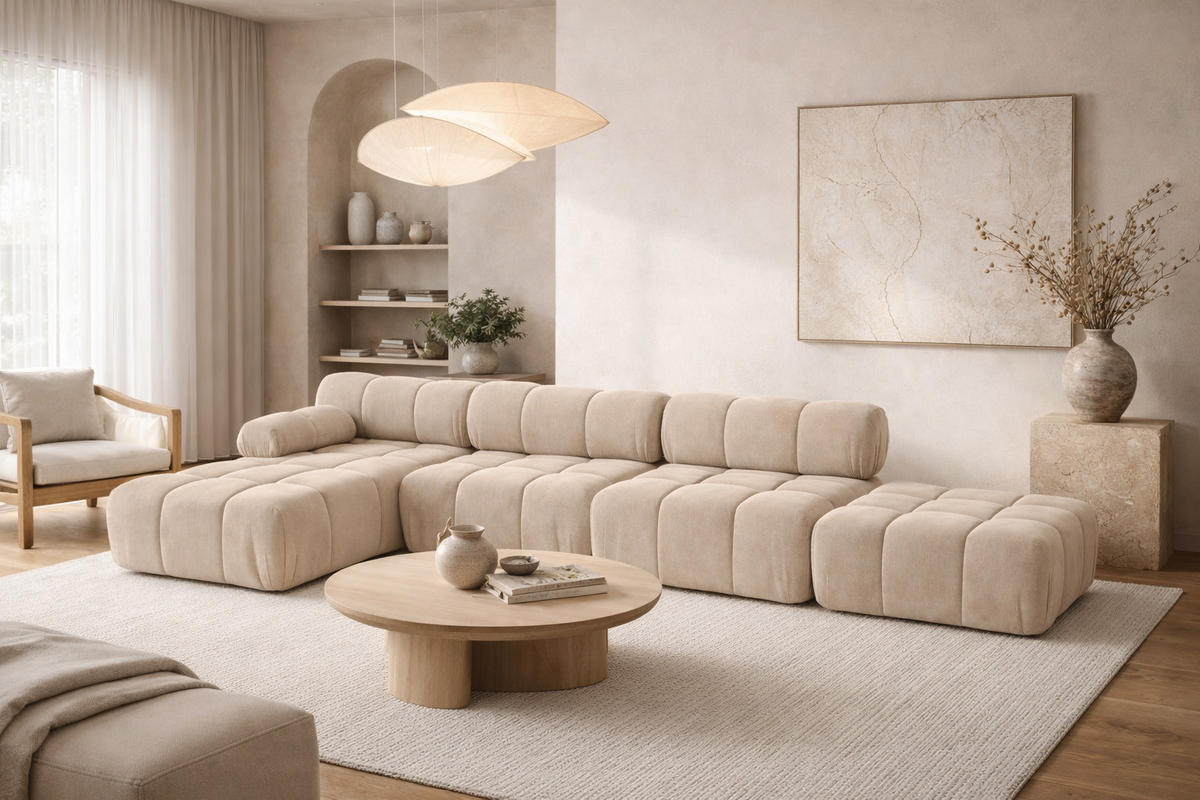 ECKSOFA L-Form XL, Stoff Velours Salvador, Beige, Links, Selia L XL - Beige, Holz (380/160cm) - Kaiser Möbel