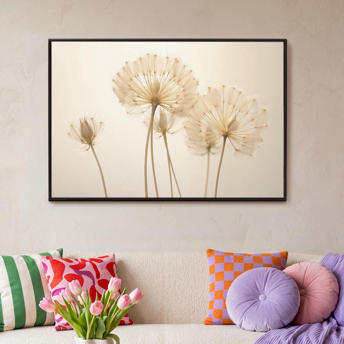 LEINWAND Bilder mit Rahmen - Sonnenlicht - Löwenzahn - Botanisch - Blumen - 90x60 - Creme, Textil (90/60cm) - MuchoWow
